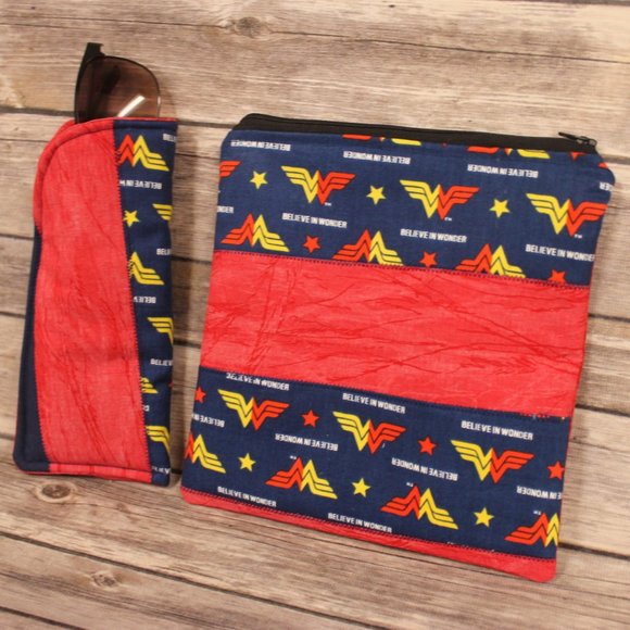 Wonderwoman Blue & Red Zippered Pouch and Sunglass Case- Matching Set -Handmade - Picture 2 of 11